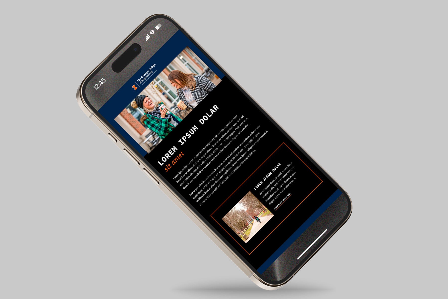 Mockup of a smartphone displaying an email template for The Grainger College of Engineering at the University of Illinois Urbana-Champaign, featuring a clean design with text headers, paragraphs, and an image of two individuals smiling and holding coffee cups outdoors on campus.