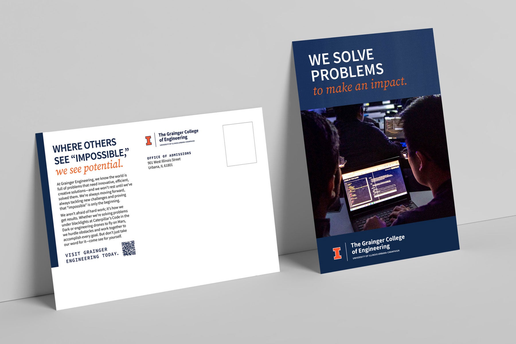 Image showcasing a promotional design for The Grainger College of Engineering, featuring bold text, engaging visuals, and a focus on problem-solving and innovation.