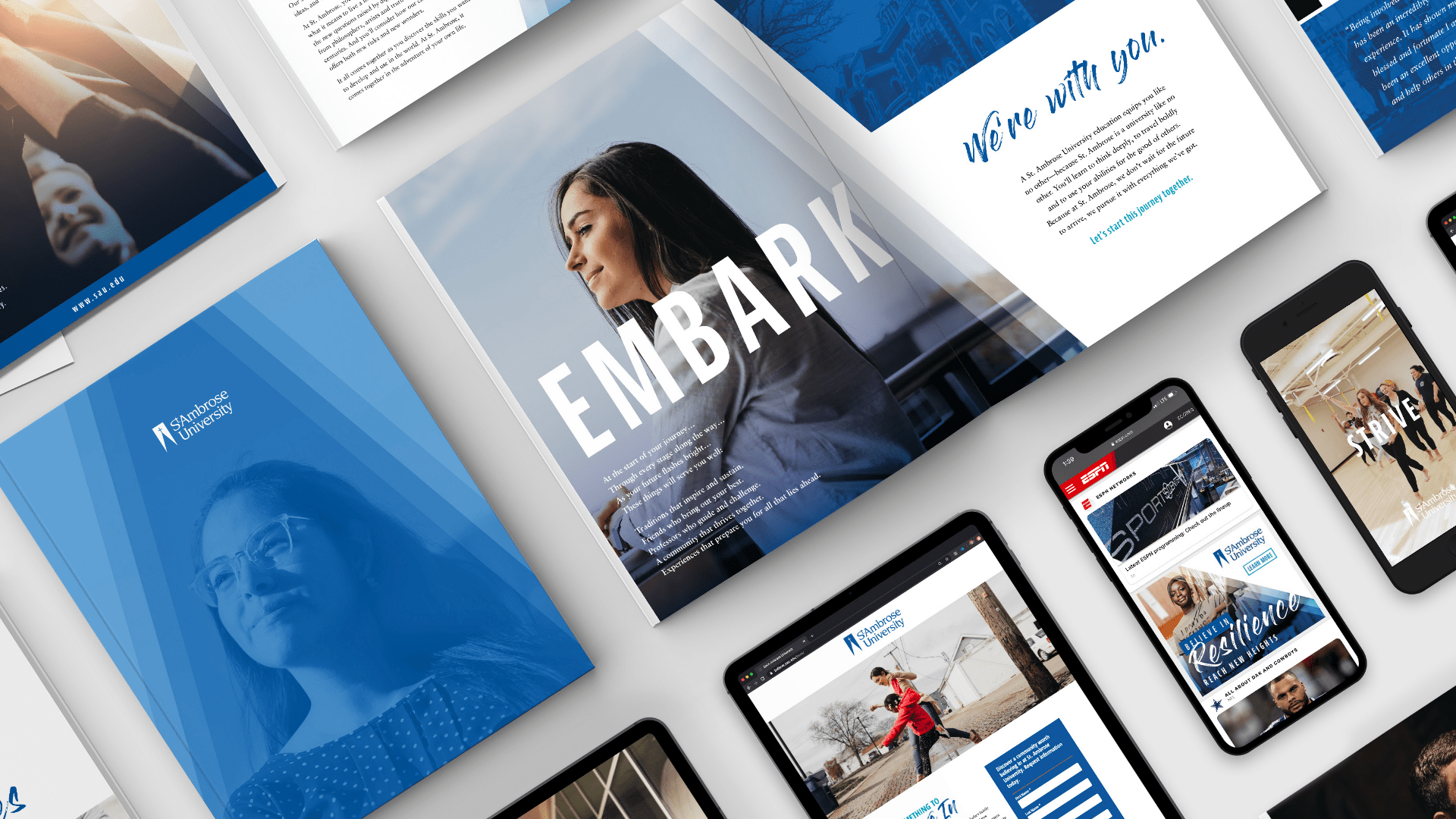 Embark St. Ambrose University Creative Campaign spread out on various digital devices and printed materials