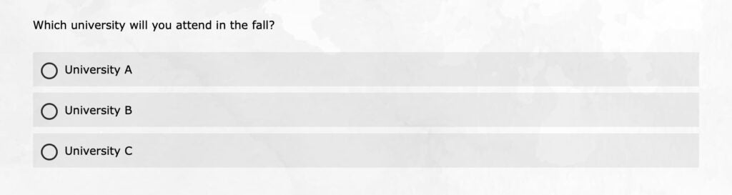 Multiple-choice poll asking, "Which university will you attend in the fall?" with three university options.