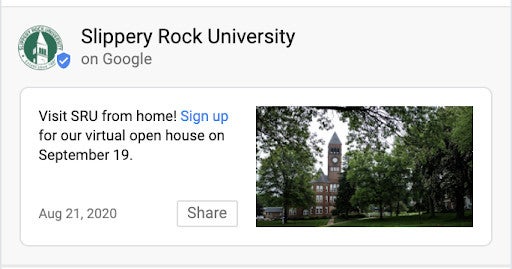 A Slippery Rock University building with a clock tower, surrounded by trees, is shown in the photo.