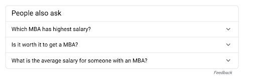 Google search shows related questions about MBA salaries and the value of getting an MBA.