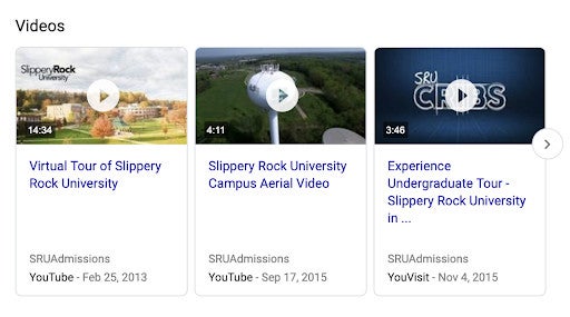 Three video thumbnails about Slippery Rock University tours, each with play buttons and video details below.