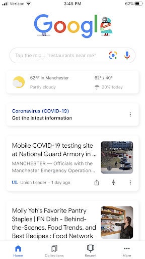 Google search page on a phone showing weather, COVID-19 info, and local news articles about testing sites and recipes.