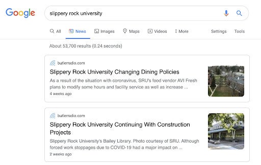 Google search results for "slippery rock university" with news links about dining and construction updates.
