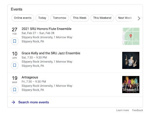Event listings showing dates, times, and locations for concerts at Slippery Rock University, PA.