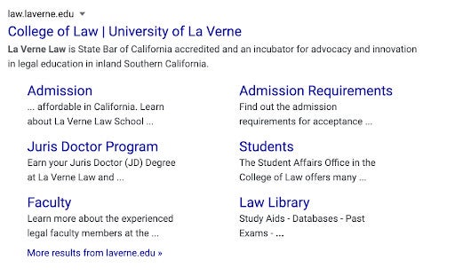 Screenshot of search results for University of La Verne College of Law with links to programs and resources.