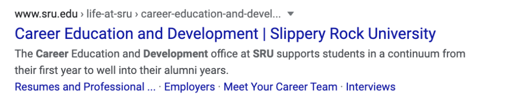 Google search result for "Career Education and Development | Slippery Rock University" with links and description.