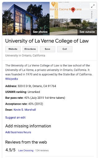 Google search result for University of La Verne College of Law, showing address, bar pass rate, and reviews.