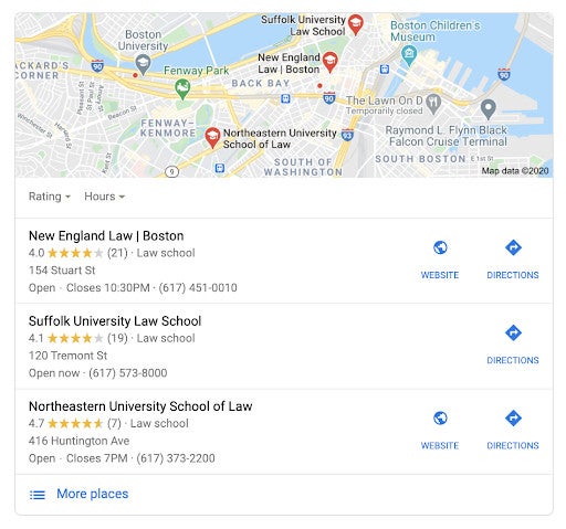 Map with locations and details for three Boston law schools: New England, Suffolk, and Northeastern.