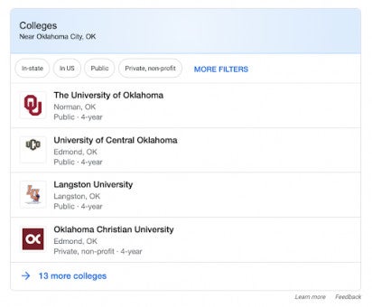 A search result list of colleges near Oklahoma City, OK, showing names, locations, and types of each college.
