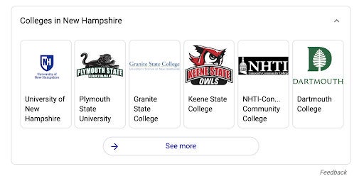 Logos and names of six colleges in New Hampshire, including University of New Hampshire and Dartmouth College.