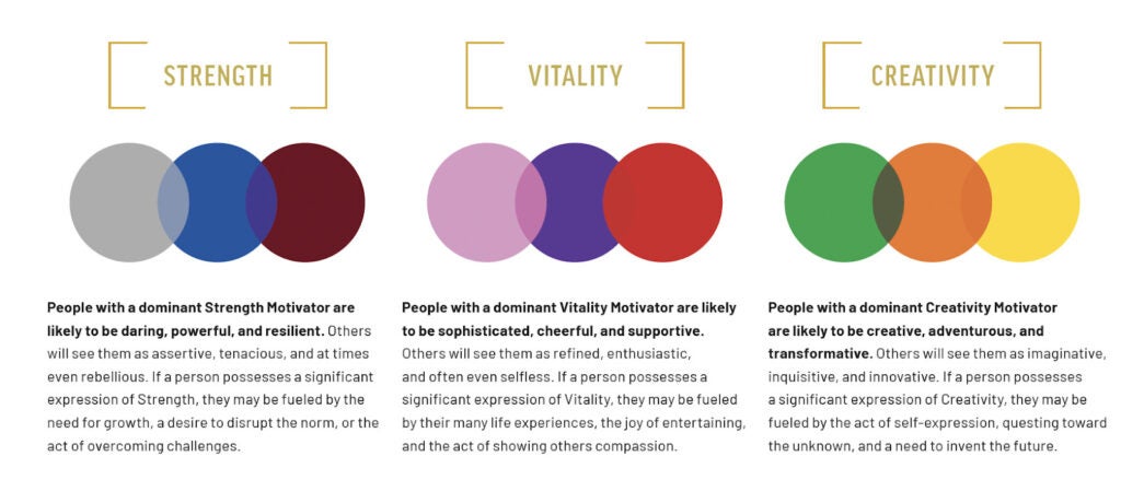 Three motivator types—Strength, Vitality, Creativity—explained with three overlapping colored circles and descriptions.