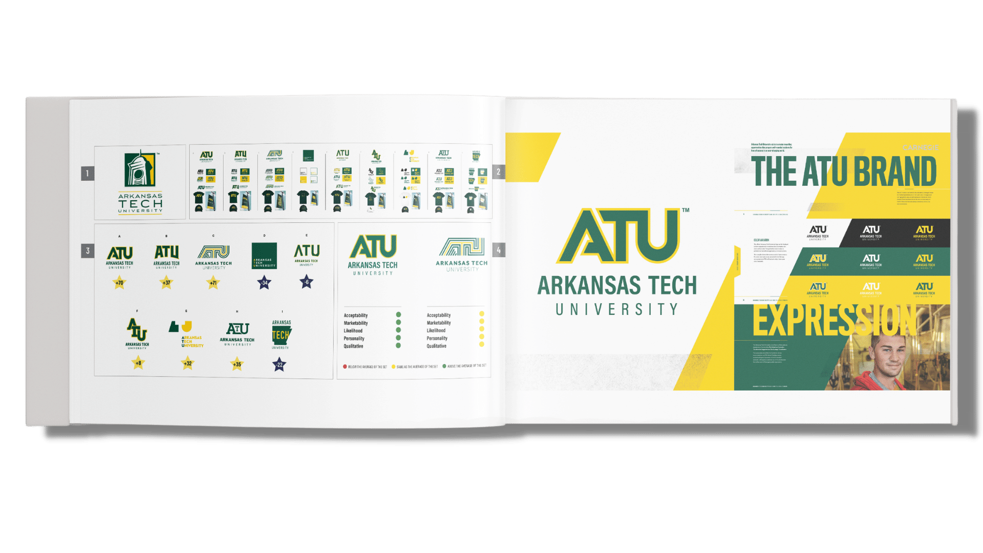 Image illustrating the Arkansas Tech University logo standards, featuring examples of logo variations, color palettes, and branding guidelines.