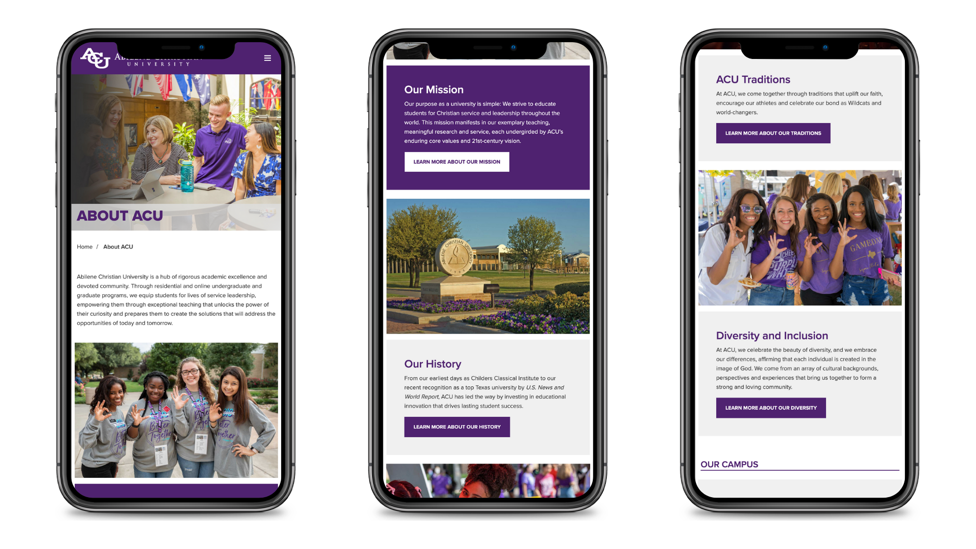 Abilene Christian University's About ACU web page displayed on a phone