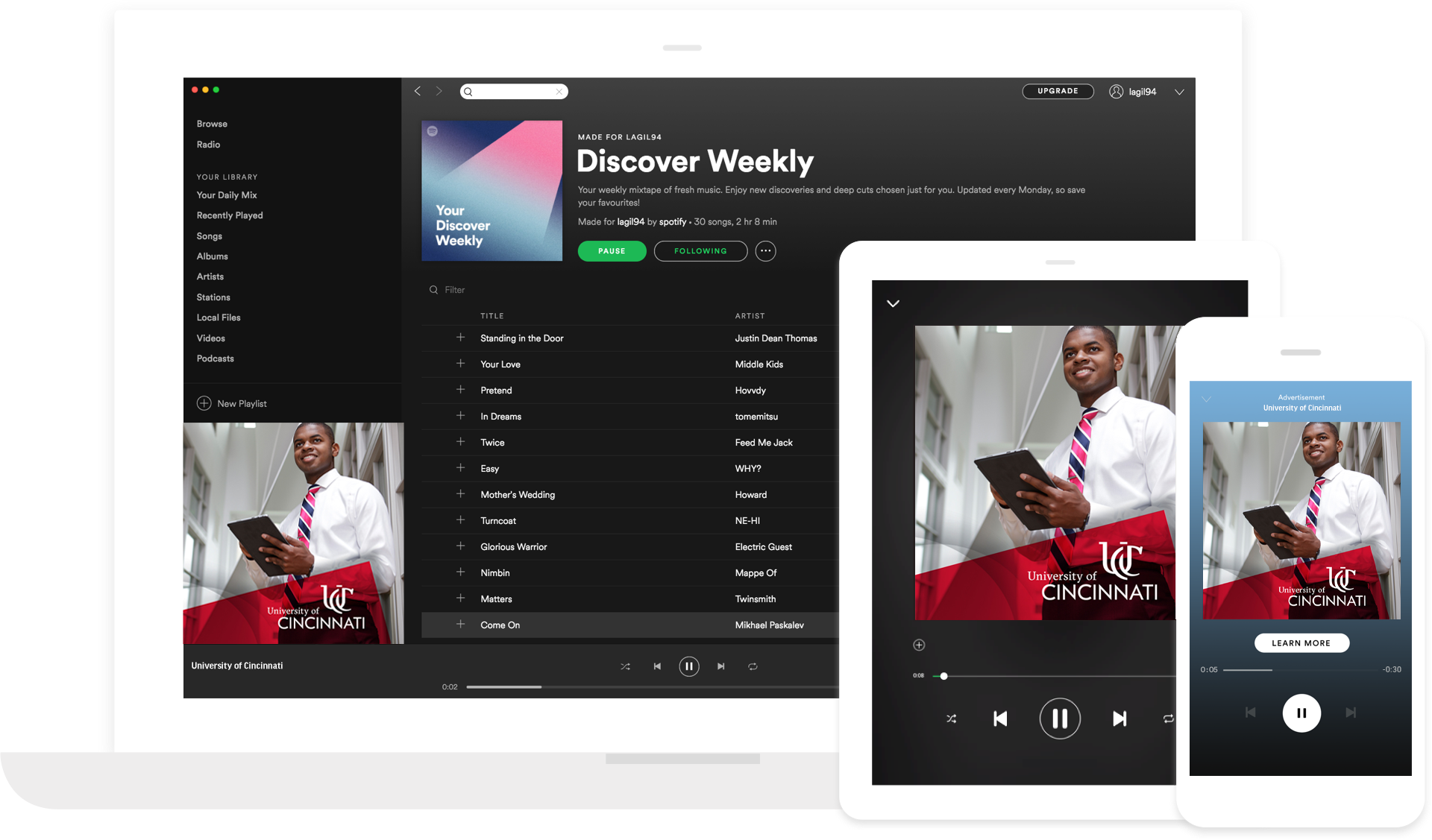 University of Cincinnati ad on Spotify