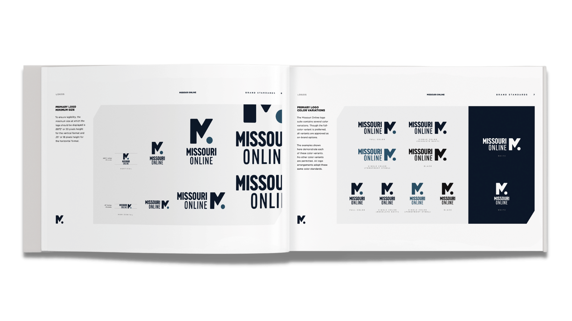 Image showcasing the Missouri Online logo standards, featuring examples of logo variations, color palette specifications, and typography guidelines for consistent branding.