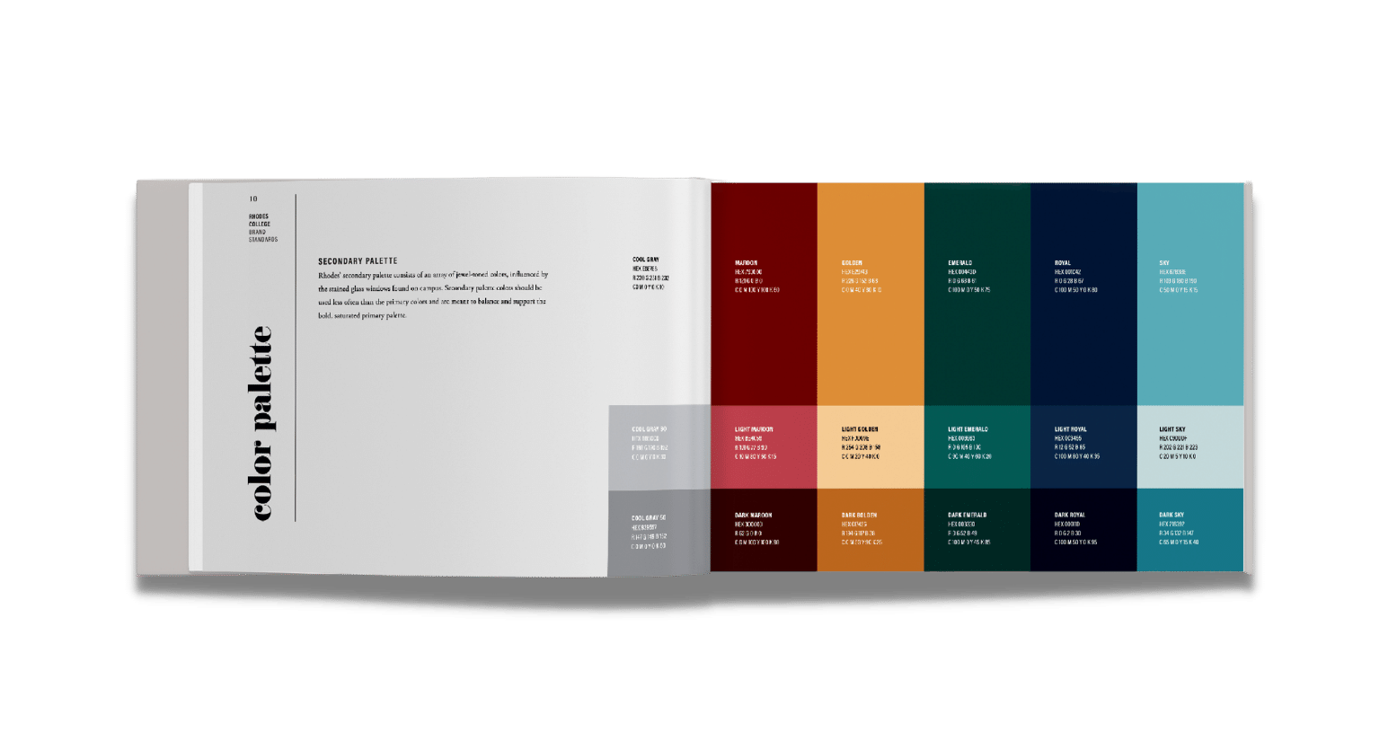 Image showcasing the Rhodes College brand standards color palette, featuring a range of approved colors with labeled swatches for consistent use in branding.