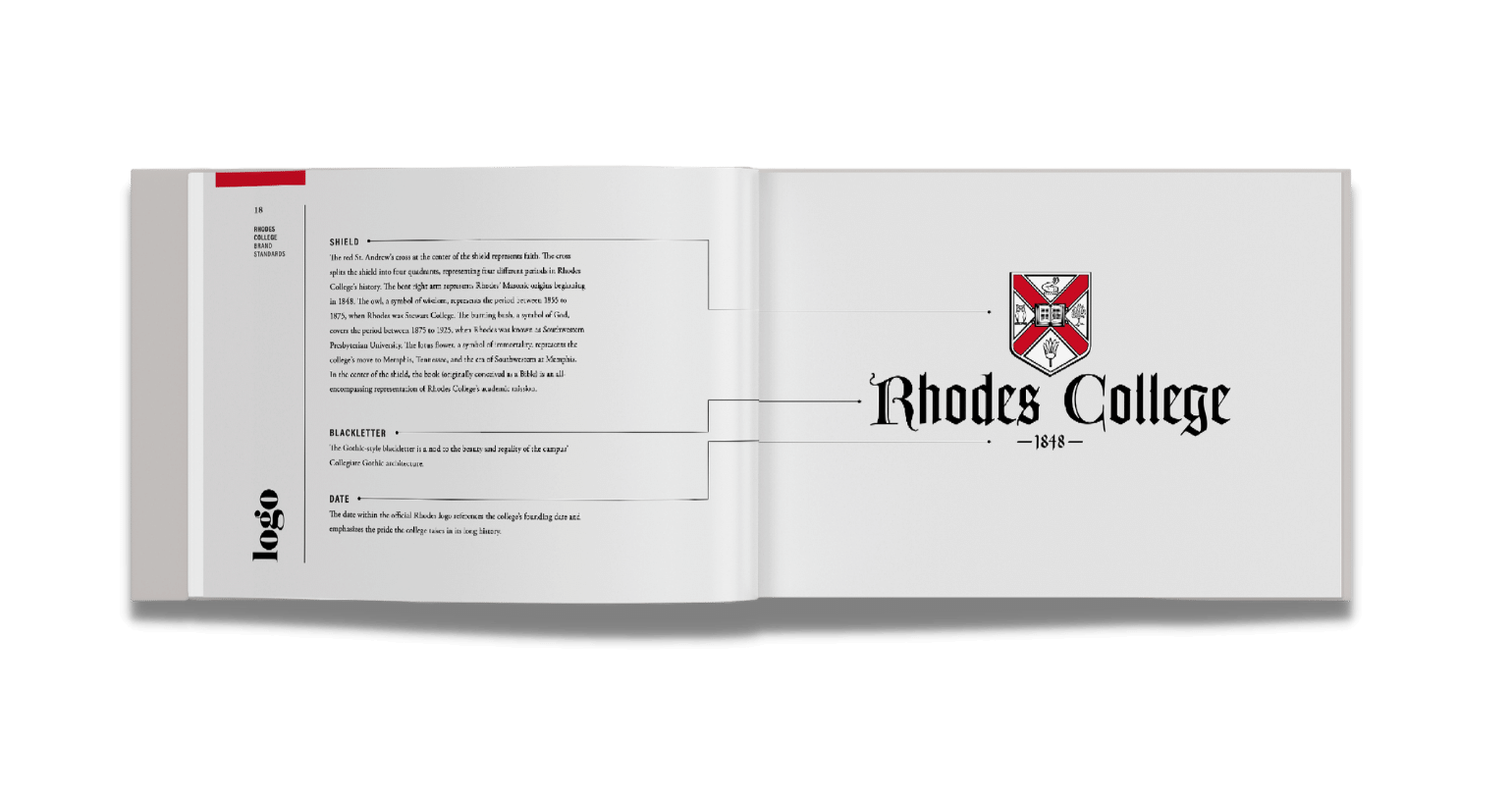 Image showcasing the Rhodes College brand standards guide, featuring detailed examples of logo variations, color specifications, and typography rules for consistent branding.