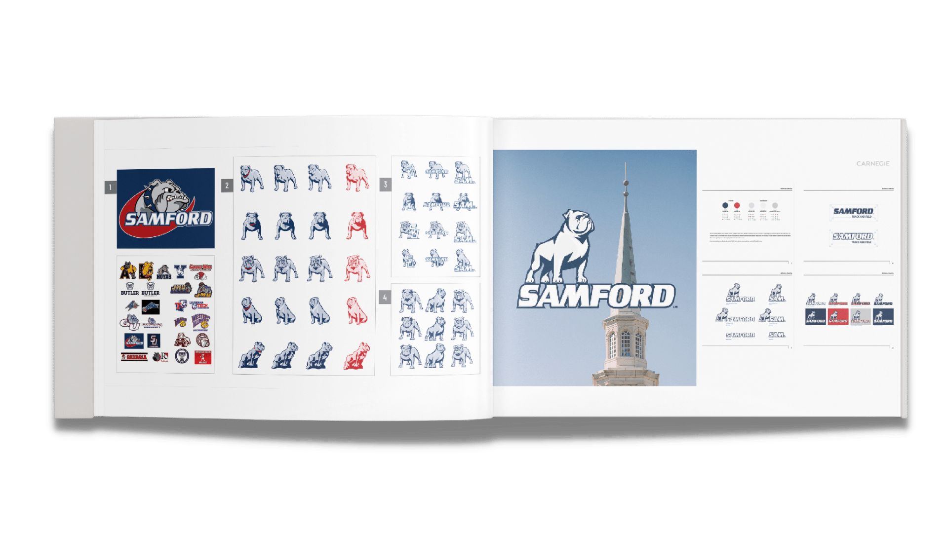 Image showcasing the Samford University logo standards guide, featuring examples of logo usage, color palette options, and typography guidelines for consistent branding.
