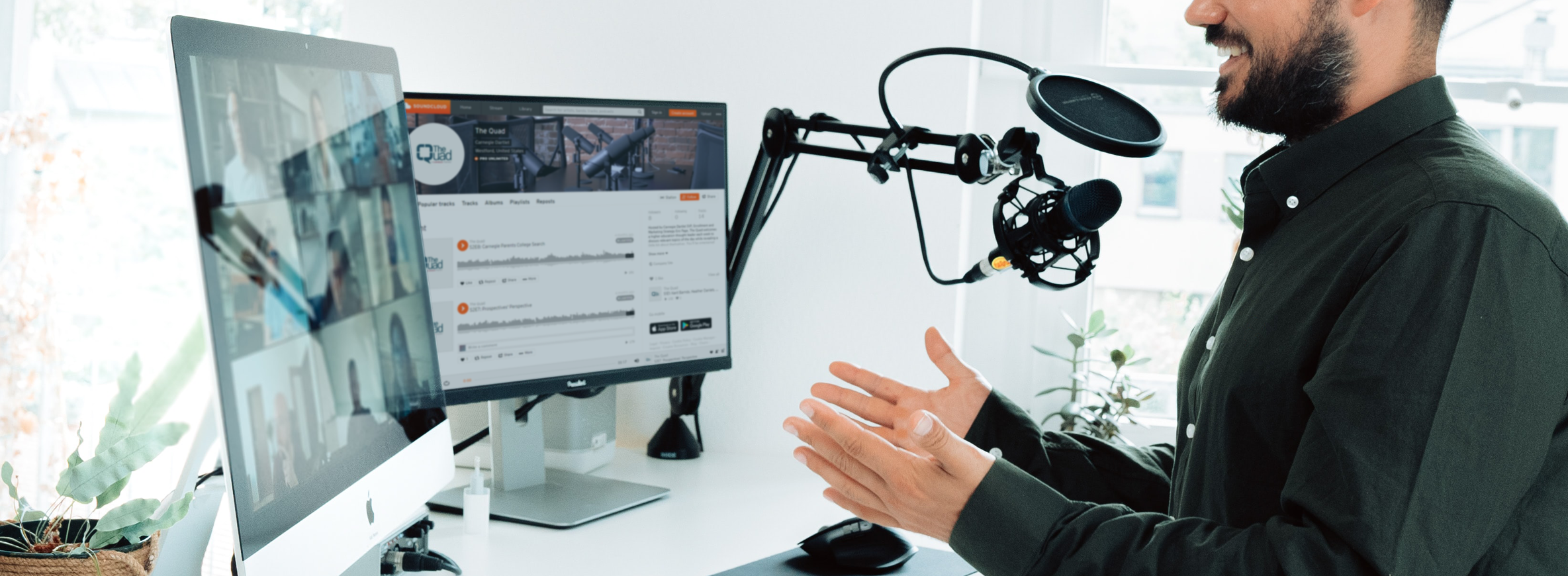 Man speaking into a podcast microphone to a group on Zoom for the higher education Quad Podcast