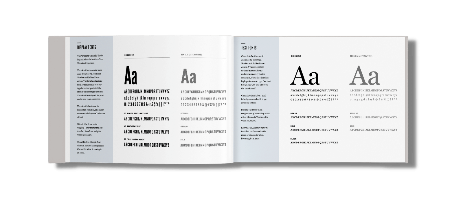 Image showcasing the typography section of the Uplands Brand Standards guide, featuring approved typefaces and guidelines for consistent text usage in branding materials.