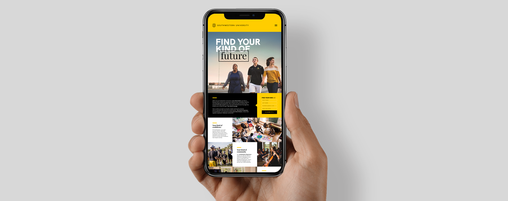 Southwestern University's Landing Page on a phone