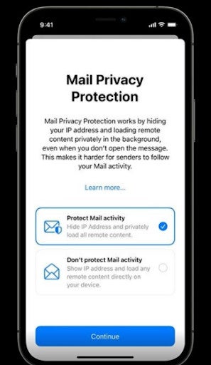 IPhone screen showing Mail Privacy Protection options with "Protect Mail activity" selected and a Continue button.
