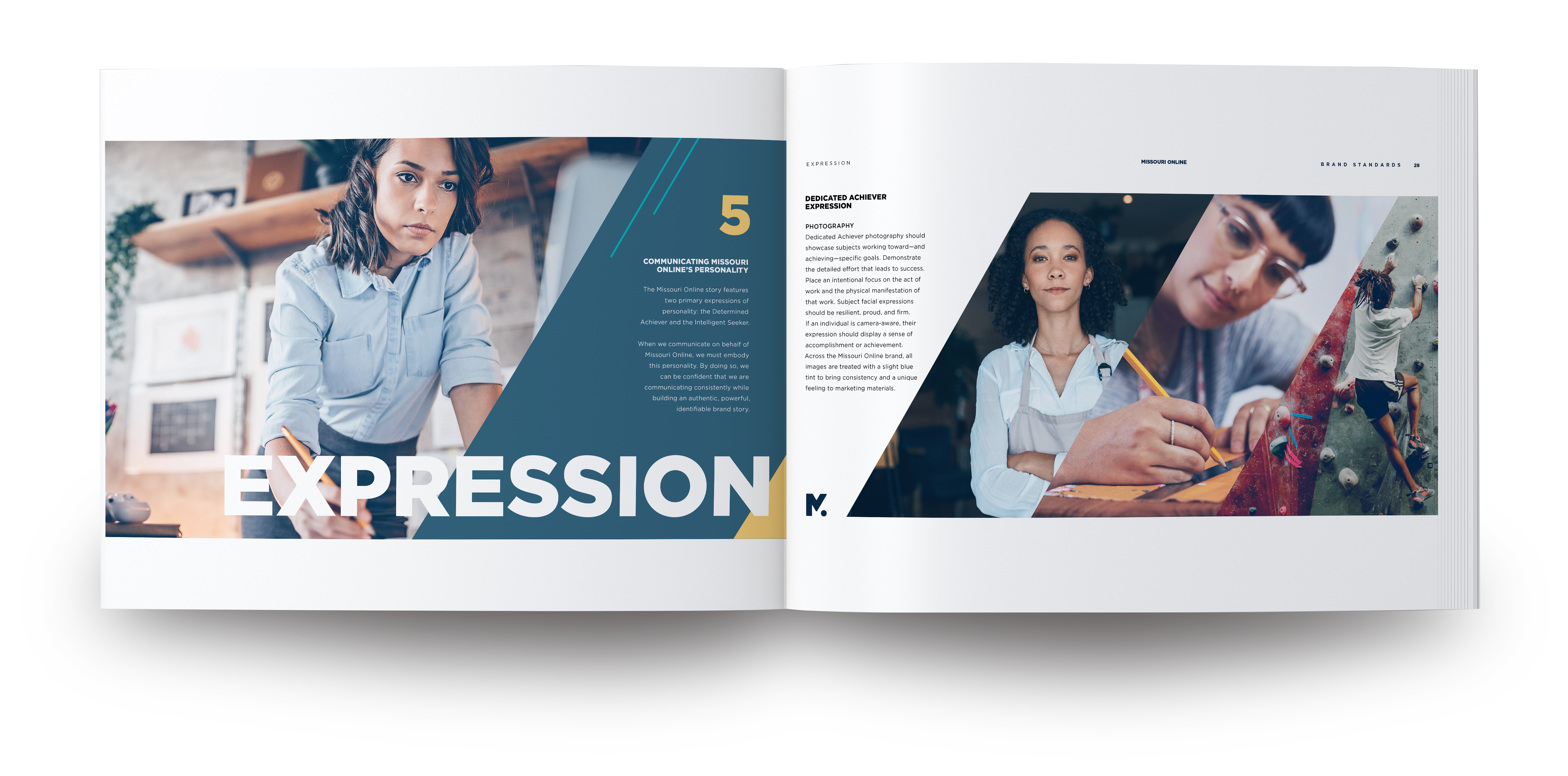 Image showcasing a mockup of the University of Missouri System Brand Standards guide, featuring examples of logo usage, typography, and color palette for consistent branding.