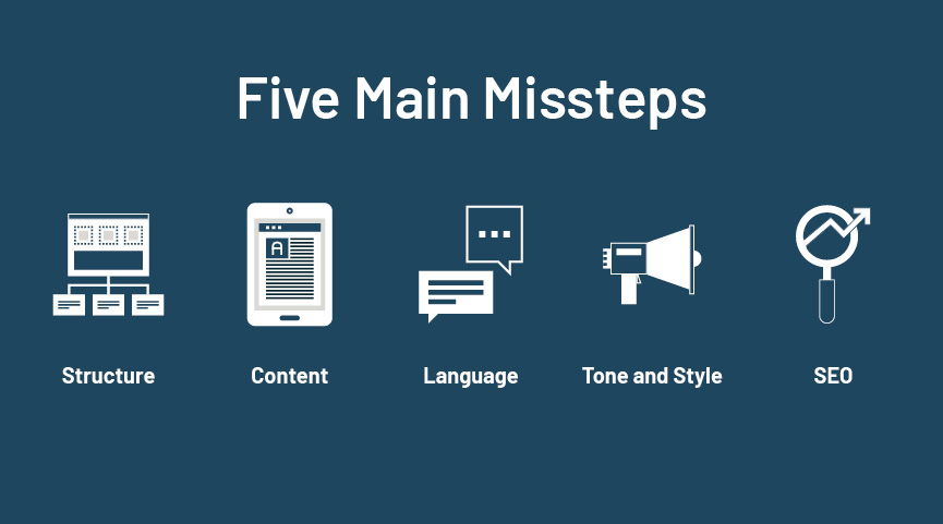 Five main missteps: structure, content, language, tone and style, and SEO.
