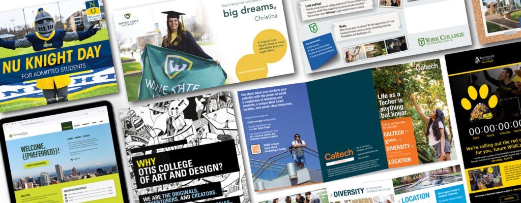 A collage of college promotional materials, including logos, students, event ads, and school branding.