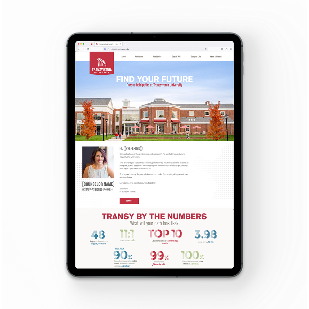 Tablet displaying a university webpage with campus photo, welcome text, and statistics about Transylvania University.