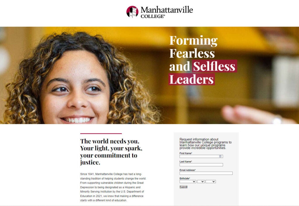 Smiling young woman in front of a Manhattanville College "Forming Fearless and Selfless Leaders" banner.