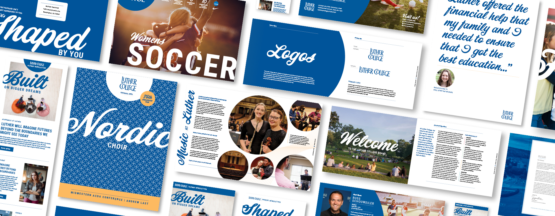 Image showcasing a featured design for Luther College, highlighting scenic campus imagery with branded typography and a focus on academic excellence.