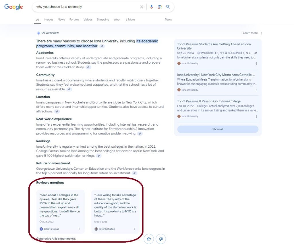 Google search for "why you choose Iona University" shows highlighted reviews and academic info; reviews are circled in red.