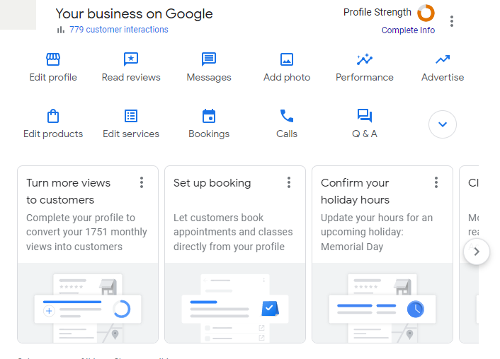 Google Business dashboard showing options like Edit profile, Reviews, Messages, and profile completion suggestions.