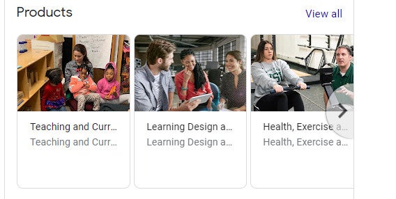 Three cards show groups of people learning, teaching, and exercising in educational and fitness settings.