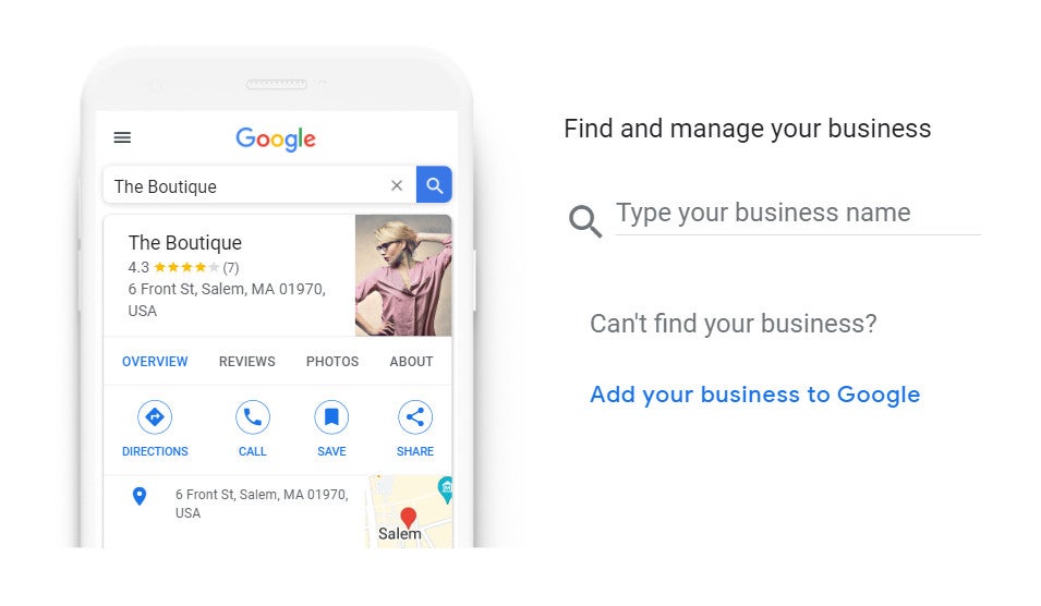 Google search result for "The Boutique" with business info and prompt to add your business to Google.