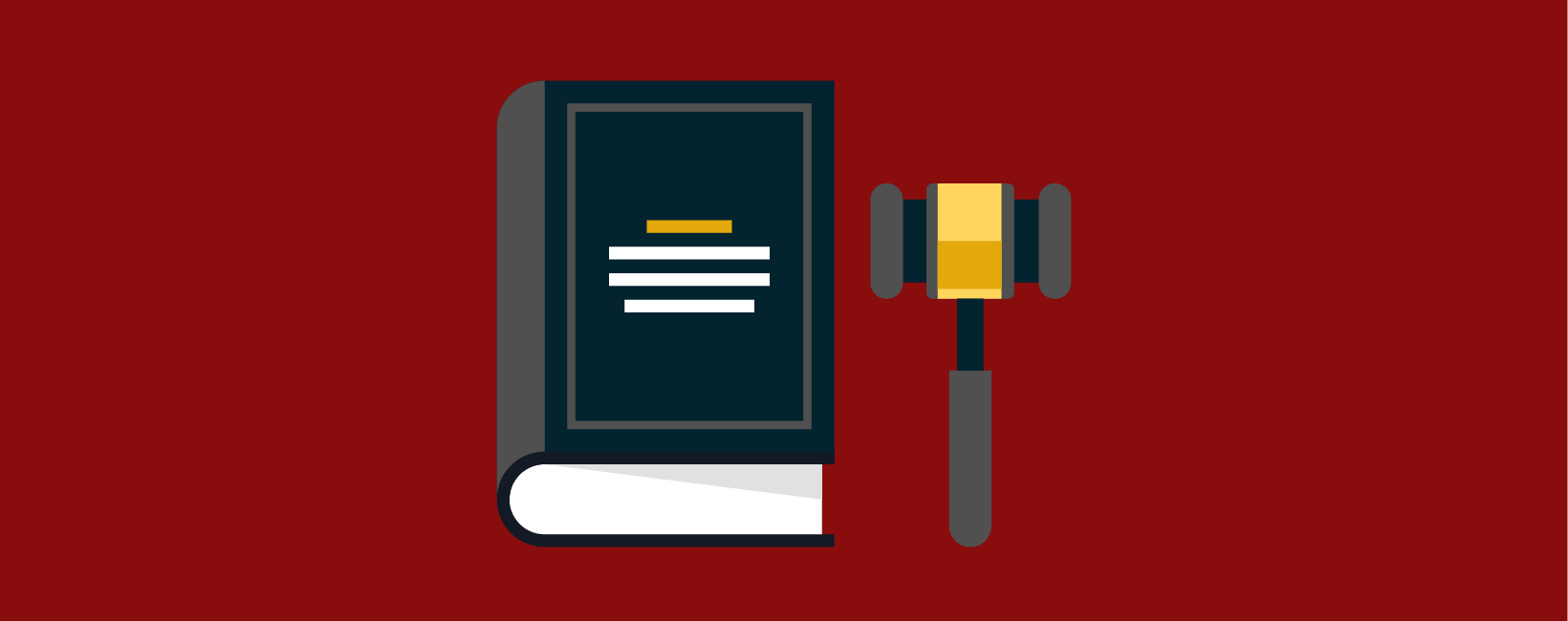Illustration of a book and a gavel against a red background