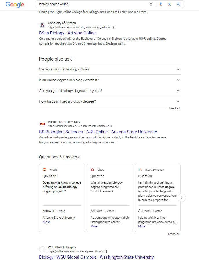 Google search results page for "biology degree online" showing featured snippets and related questions.