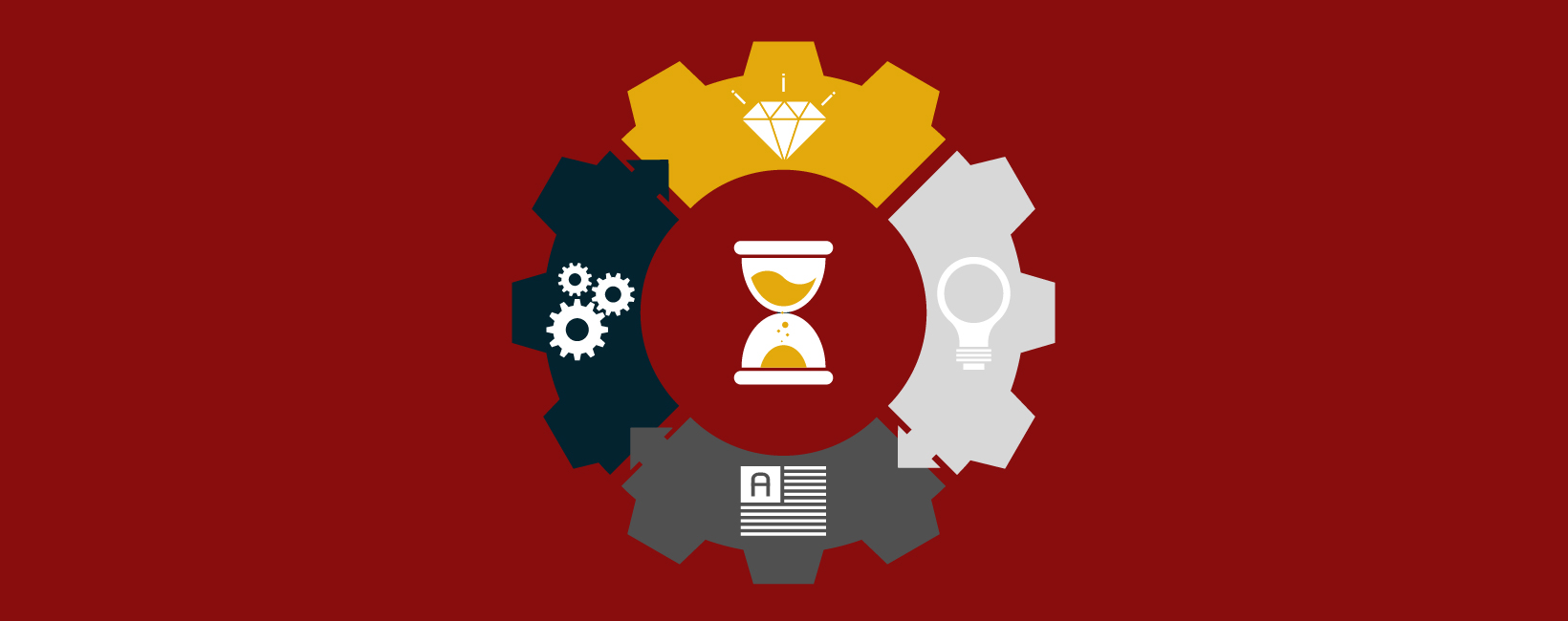 Illustrated image of gears turning around an hourglass, indicating the interconnected pieces of blog writing in higher ed.
