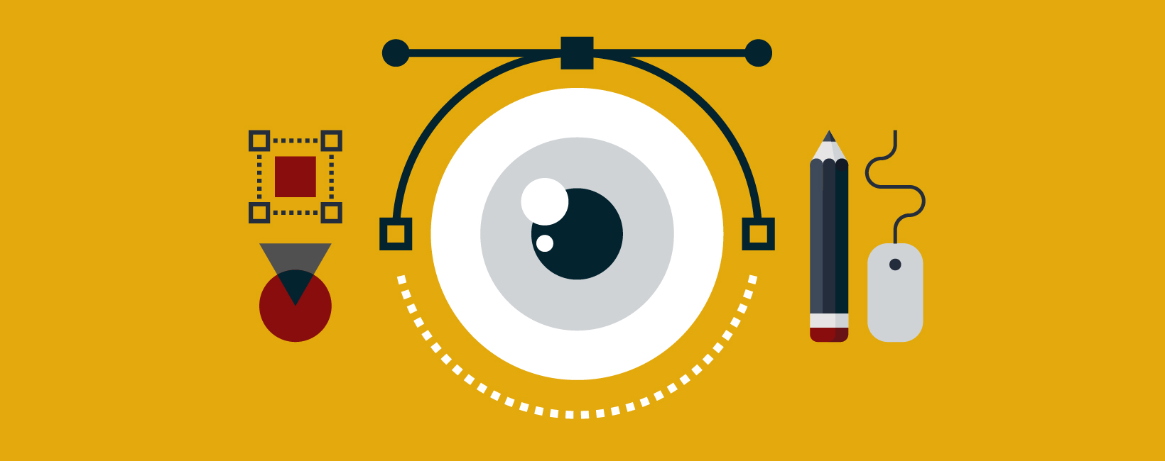 Artistic depiction of an eye surrounded by a pencil, scissors, and various tools.