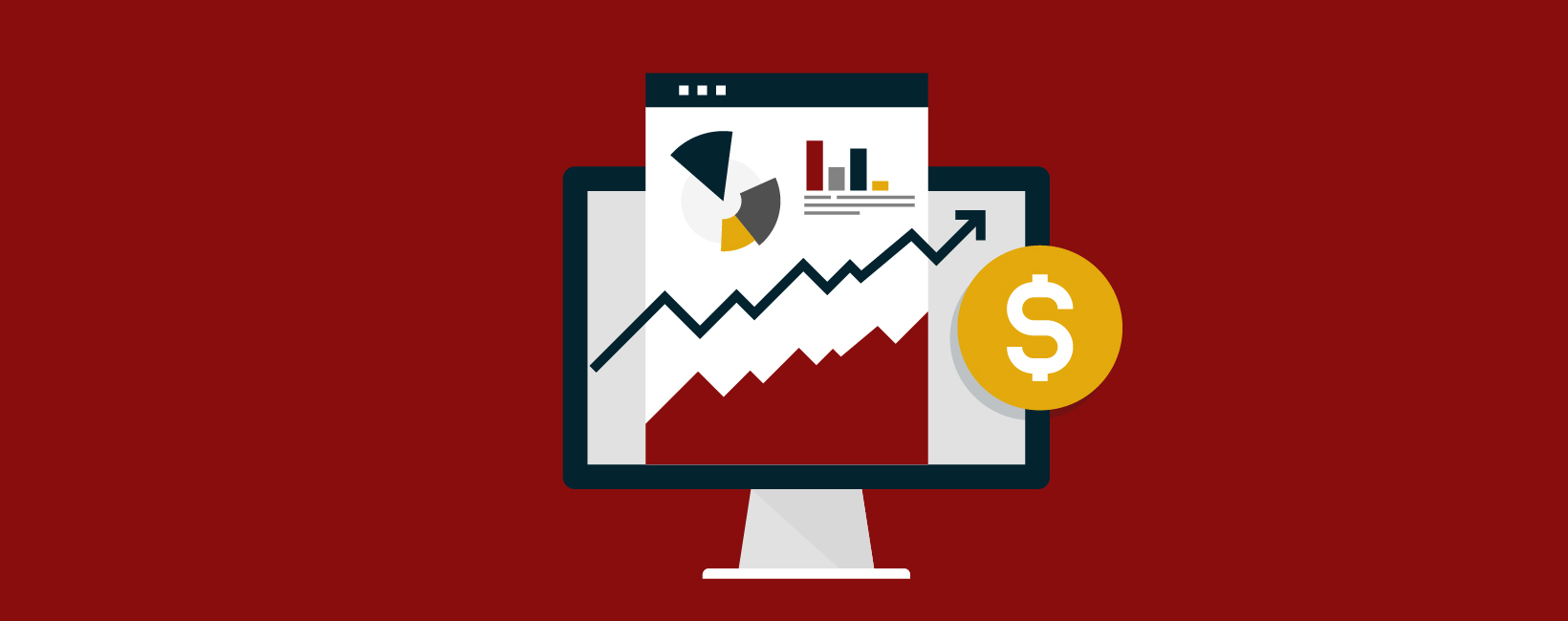 Cartoon rendering of a computer screen showing charts and a money symbol