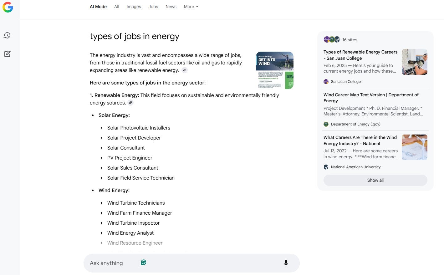 Searching “types of jobs in energy” in Google AI Mode returns an infographic, AI summary, and list of citations, including two thought leadership articles from colleges and universities.