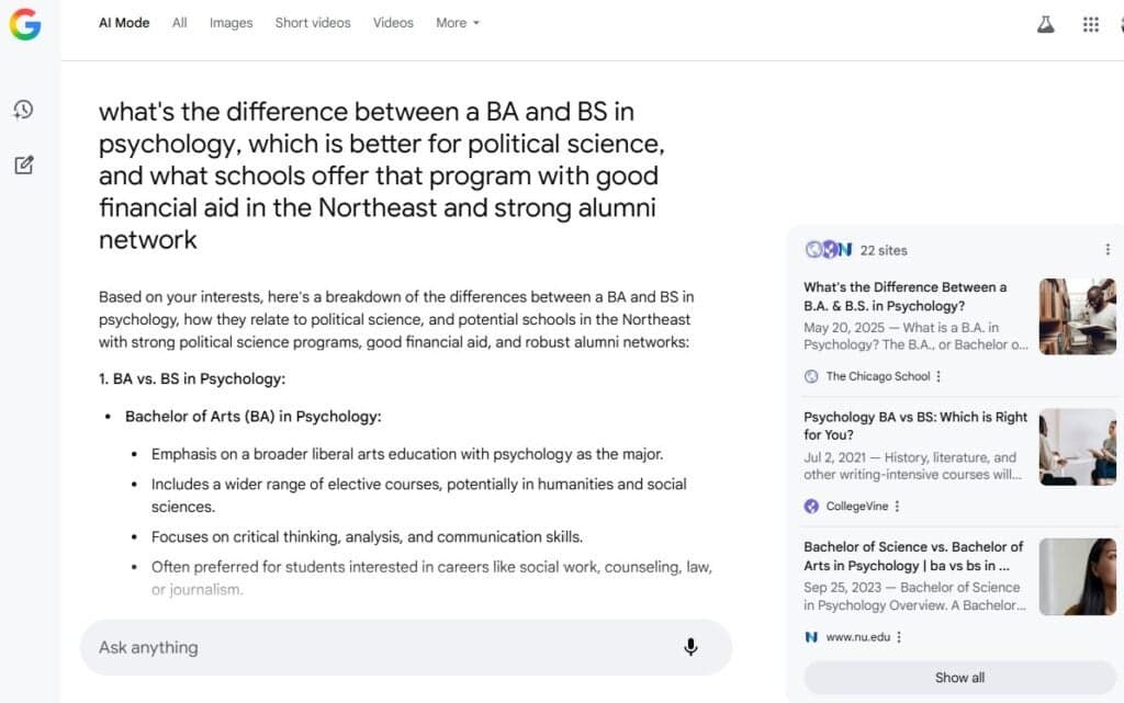 Google search results page showing information on BA vs. BS in psychology, with program and aid details.