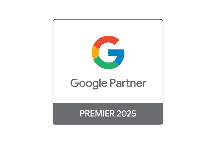 Google Partner badge with the Google logo and "Google Partner PREMIER 2025" text, highlighting expertise as a higher education digital marketing agency on a gray background.