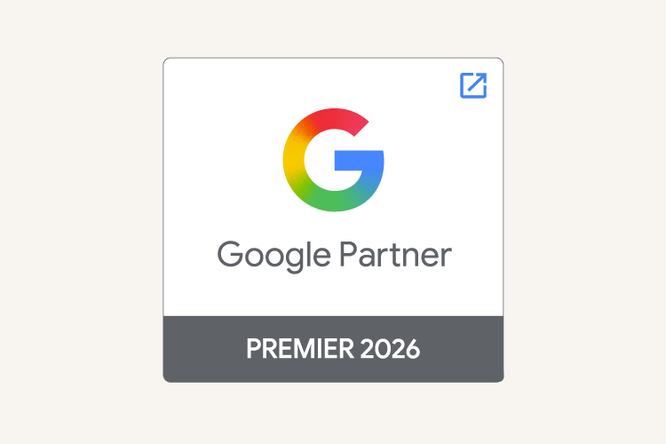Google Partner badge with the Google logo and "PREMIER 2026" on a gray bar, highlighting expertise as a higher education digital marketing agency.