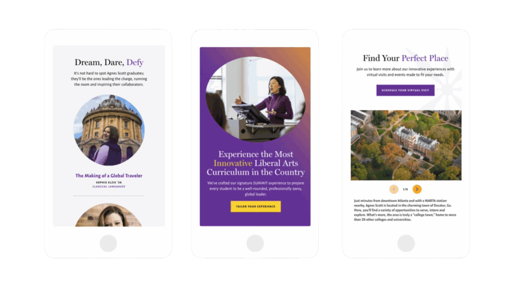 Three mobile screens show a college, a speaker, and a campus aerial view with informational text and buttons.