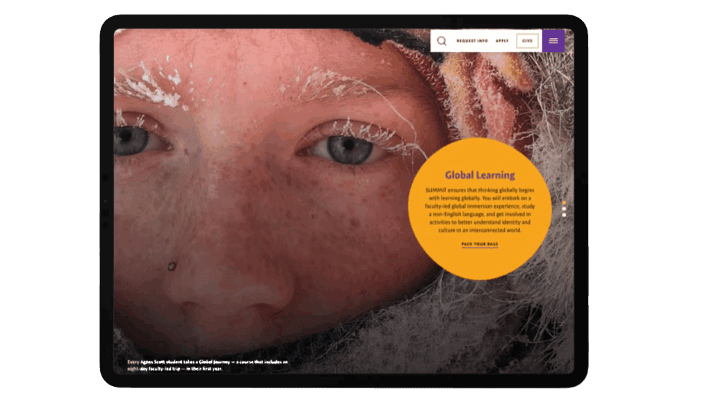 Close-up of a person's frost-covered face and blue eyes, with informational text and a search bar overlayed.