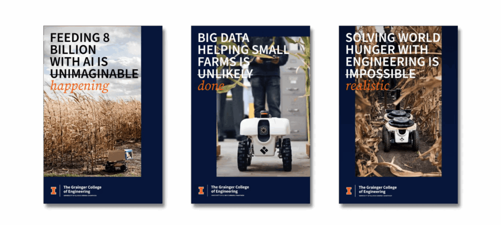 Three posters show farming robots and crops with bold text about AI and engineering helping agriculture.
